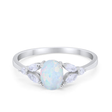 Oval Art Deco Engagement Ring Lab Created White Opal 925 Sterling Silver